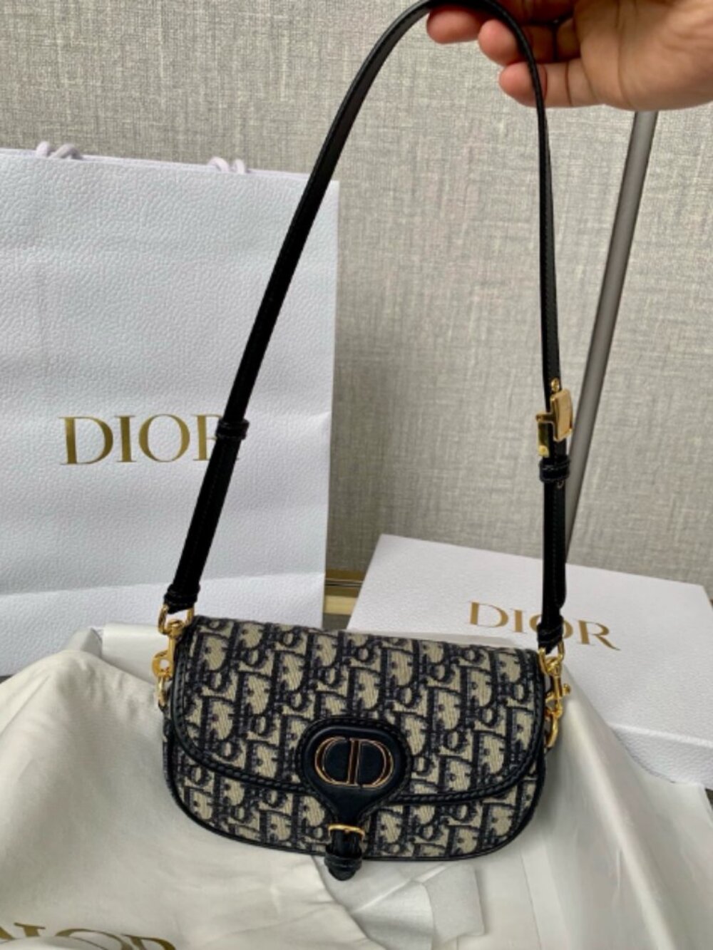 Christian Dior Mini Saddle Bag Oblique Canvas Black Leather Gold Hardware